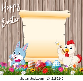 bunny and rooster painting egg with blank sign background