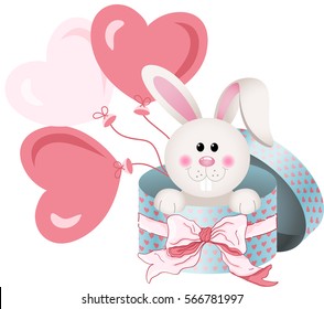 Bunny in round gift box with bow ribbon and balloons
