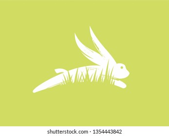 Bunny Run or Rabbit Jump on the grass. Rabbits roam in nature. Design for Icon, Vector, Logo on Easter Day Diskount for sales. Template Desing for Happy Easter, Background, Greeting Carc, Invitations.