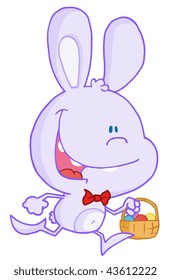Bunny Running With Easter Eggs In A Basket
