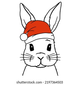 Bunny with santa hat. Christmas Rabbit. Symbol of the new year 2023. Bunny sketch vector illustration. Good for posters, t shirts, postcards.