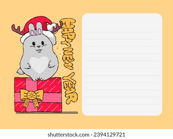 A bunny in a Santa hat and with deer antlers Postcard. Bunny
Sitting on a gift. Printing and decoration. Notes, Shopping list. To-do list. Holiday gift.