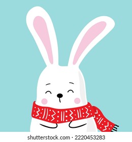 Bunny in a scarf. Symbol of the year. Decorative element for postcards, greetings, invitations, scrapbooking. New Year Christmas.