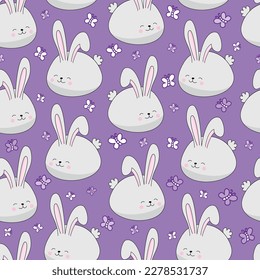 Bunny seamless pattern with butterfly on purple backgiund. Spring and Easter decoartion.