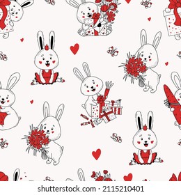 Bunny Seamless Pattern. Cute rabbits with gifts, boxes and carrots, with bouquet of flowers, ballerina hare with princess crown on white background. Vector illustration. Outline linear doodle style