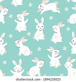 Bunny Seamless Pattern. Happy Easter. Happy Cute Easter Bunnies. Vector Seamless Texture With Many Funny Bunnies.