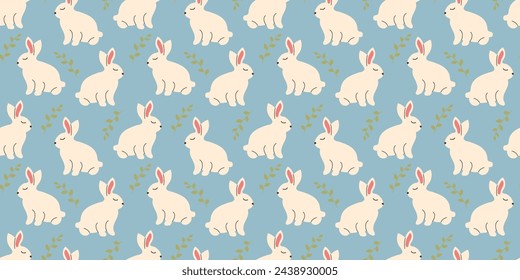 Bunny seamless pattern with leaves in doodle style. Endless Illustration with animals. White rabbits with botanical elements on blue background. Cute kids design.