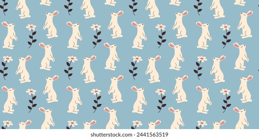 Bunny seamless pattern with leaves in doodle style. Endless Illustration with animals. White rabbits with botanical elements on blue background. Cute kids design.