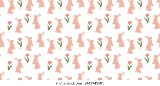 Bunny seamless pattern with leaves in doodle style. Endless Illustration with animals. White rabbits with botanical elements on white background. Cute kids design.