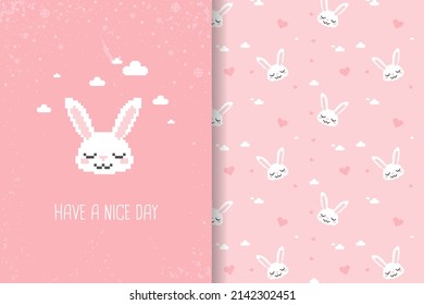 Bunny Seamless Pattern Rabbit Pattern Pixel Art Style