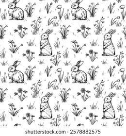 Bunny, seanless, pattern, rabbit, vector illustration set, engraving style, hand drawn