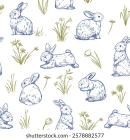 Bunny, seanless, pattern, rabbit, vector illustration set, engraving style, hand drawn