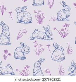 Bunny, seanless, pattern, rabbit, vector illustration set, engraving style, hand drawn