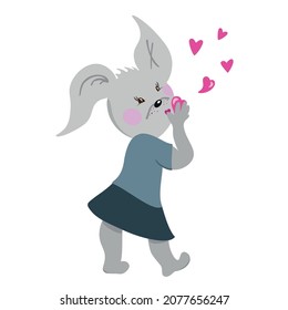 Bunny sends an air kiss with love. Valentine day holiday.