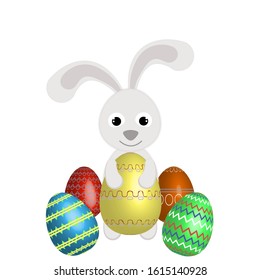 Bunny with a set of 3D Easter eggs. Beautiful eggs with a contour pattern. Vector illustration of a holiday card.