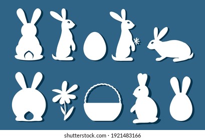 Bunny set. Easter bunny for laser cutting on red background. Icons for greeting card. Vector illustration. Bunny holds an egg in its paws