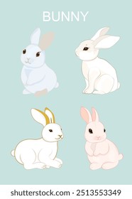 Bunny set element vector handrawn, Cute Kawaii illustration