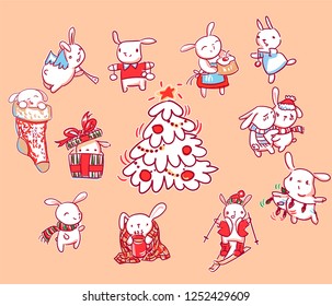 bunny set new year character christmas card doodle style