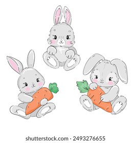 Bunny set Print design. Cute rabbit and carrot. Childish vector illustration.