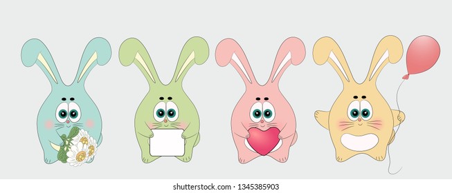 Bunny set. Rabbits collection. Easter color rabbits. Funny cartoon animal.