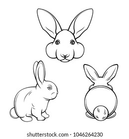 Bunny set. Rabbits, hares. Muzzle bunnies. Banny s back. Easter design element. Easter symbol Vector illustration
