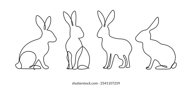 Bunny set set in simple single line style. Rabbit icon. Spring. Minimal conceptual vector outline illustration