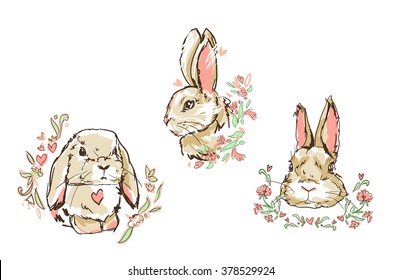 Bunny Set Vector Illustration. Cute Hare, Flowers, Rabbit Sketch Vector Illustration
