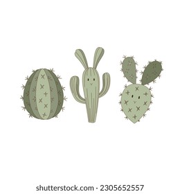 Bunny shaped cactus vector illustration set. Western Easter aesthetic print design. 