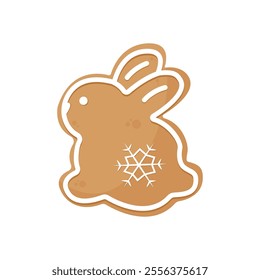 Bunny shaped Gingerbread Cookie with decorative icing. Traditional Christmas holiday cookies. Isolated a white background for card, postcard, cover. EPS 10