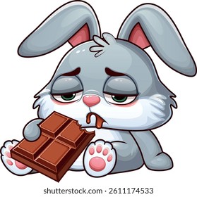 a bunny sick from eating too many chocolate, a bunny with a stomach ache from eating chocolate. Vector illustration