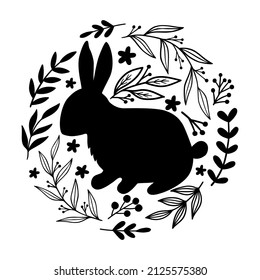 Bunny Silhouette. Easter Bunny. Rabbit with flowers, leaves in shape of circle. Happy Easter holiday.