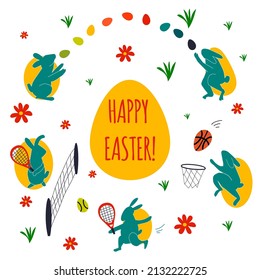 Bunny Silhouette. Easter vector set for greeting card. Happy Easter vector illustrations of  rabbits icons, bunnies playing tennis, basketball, juggling with eggs. 