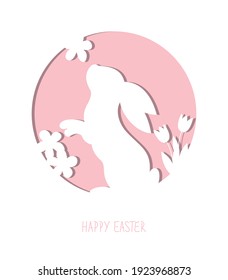 Bunny silhouette with flowers for laser cut. Easter card with paper rabbit's silhouette.