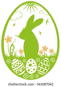 Bunny Silhouette with meadow, easter eggs and flowers