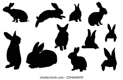 Bunny silhouette with various expressions set of 11 vector illustration