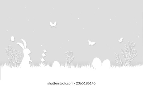 Bunny silhouette.easter seamless pattern with bunnies and easter. Hand drawn easter horizontal background with bunnies, flowers, Illusion of depth.A4 abstract color 3d paper art.Eggs.butterfly. eps10