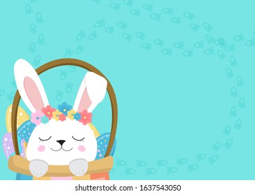 Bunny sitting in a basket with Easter eggs. Easter bunny. Happy bunny. Happy Easter - Vector