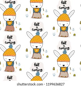 Bunny sitting and drinking a hot drink in the fall on the stump. Seamless autumn pattern. Vector