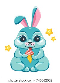 The bunny is sitting and eating ice cream. Sticker with the image of emotion