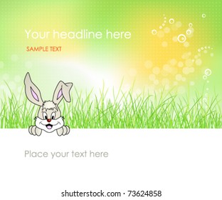 Bunny sitting in green grass - Easter background design - cute laughing rabbit - vector, eps10