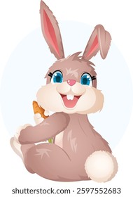 Bunny Sitting and Looking Behind While Holding a Carrot. Kawaii Cartoon Rabbit Illustration Isolated.