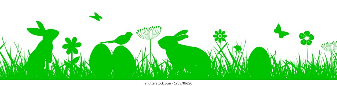 Bunny sitting in the meadow with Easter eggs, Easter concept with butterfly and birds – vector for stock