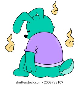 Der Hase sitzt mit einem traurigen Gesicht trauernd, Vektorgrafik Kunst. doodle Icon Bild kawaii.
