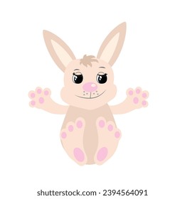 The bunny is sitting and smiling sweetly. Illustration in cartoon style isolated on white background.