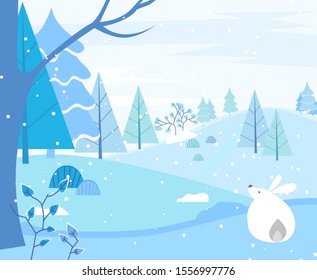 Bunny sitting in winter forest. Cute fluffy hare in woods at snowfall. Pine trees and bushes, wintry foliage and bare branches. Field covered with snow. Rabbit with long ears in woodlands vector