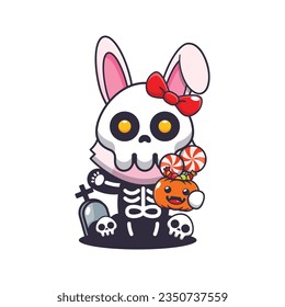 Bunny with skeleton costume holding halloween pumpkin.