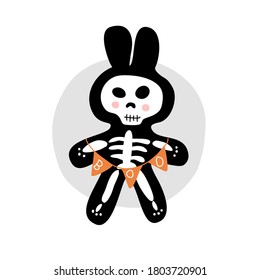 Bunny skeleton  holding bunting flag Boo isolated vector on white background 