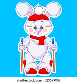 Bunny skiing: editable cartoon vector illustration