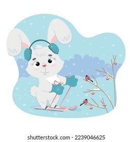 Bunny skiing. Festive winter rabbit in mittens. Cute seasonal illustration in flat cartoon style.