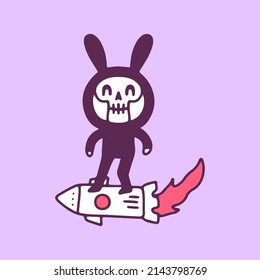 Bunny skull riding a rocket, illustration for t-shirt, sticker, or apparel merchandise. With doodle, retro, and cartoon style.
